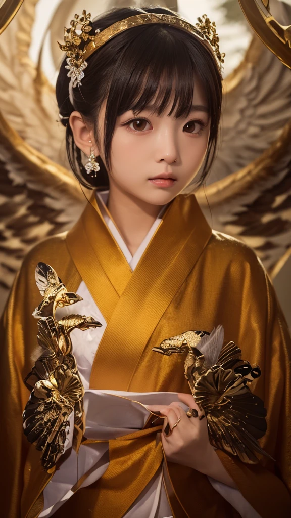 In a quiet cove、An angel with golden wings on his back sits on a rock、Please describe how it is resting its wings.。The feathers flutter in the soft sea breeze、Describe in detail the scene with golden light softly illuminating the surroundings.。