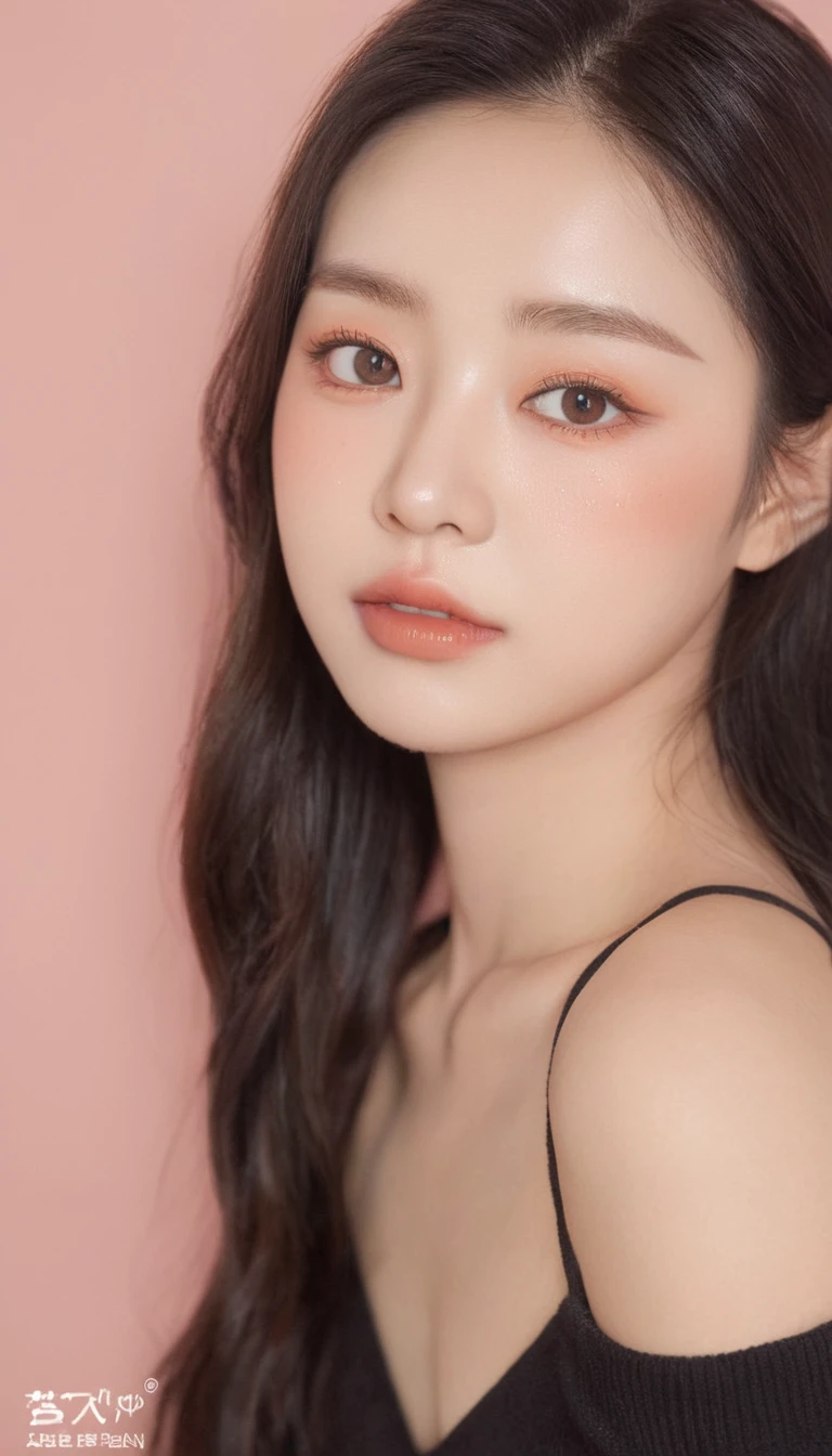 front photo, elegant woman, (Photorealsitic)、(intricate detailes:1.2)、(masterpiece、:1.3)、beauty face, (top-quality:1.4)、(超A high resolution:1.2)、超A high resolution、(A detailed eye)、(detailed facial features), ((Realistic lighting、top-quality、8K、natural light, masterpiece:1.3))、bright photo, Clear focus:1.2、1girl in、flawless beauty:1.4、Superfine Face、wear kitty band and sweater, gorgeous young korean woman, beautiful young korean woman, beautiful south korean woman, korean girl, ulzzang, lovely delicate face, young adorable korean face, popular korean makeup, beautiful asian girl, girl cute-fine-face, korean woman, sakimichan, popular south korean makeup, big Narrow-eyed、double eyelid、photos realistic, perfect eyes, perfect skin, detailed skin, detailed face, looking viewer, front view, potrait, raw photo, simple soft pink background, (intricate detailed skin textured:1.4) front view, looking viewer, clear face, 1 girl、porate、Bright and very beautiful face、beautiful girl, A stunning close-up portrait showcasing the beauty of a Korean model. The composition features soft, natural lighting , bright eyes, and striking cheekbones. Her glossy, The background is simply black background, wear black sweetshirt, neat hair, long hair, instagram model, profil picture, bright and natural