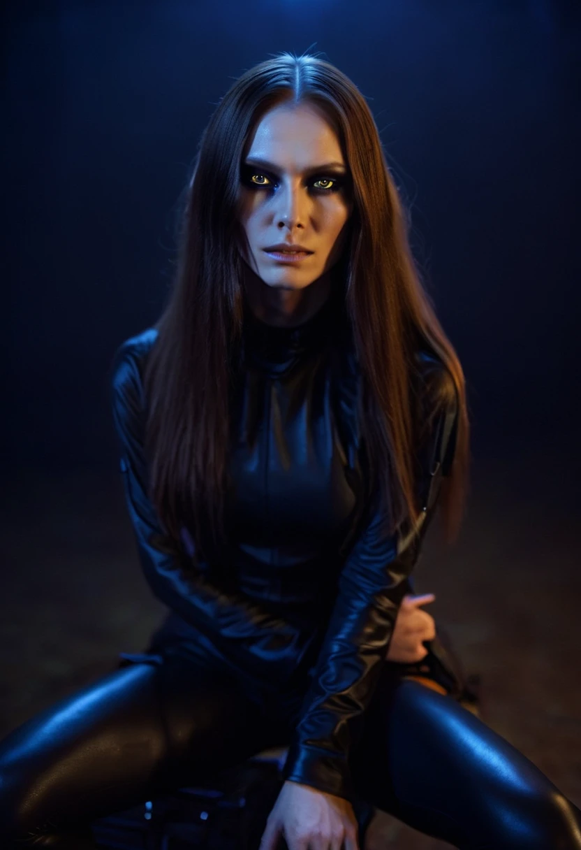 Fashionable of androgynous alien looking witch, glowing eyes, beautiful evil slavic muscular woman, pale skin, long hair, futuristic design, minimal details, givenchy, photoreal, 200mm, hd, f/ 2.0, highly detailed, surreal, sitting, light smile, simple black stylish clothes, a slight smiledrop dead, in the style of red and blue, (intricate details, hyperdetailed:1.15) (skin texture:1.2), cinematic, professional, 4k, (((dynamic model pose))), sitting, full body, mesmerizing, dynamic, dramatic, dynamic pose, highly detailed skin with hair, subcutaneous veins, light and shadow play, highly detailed,24mm photograph, bokeh, professional, 4k,
