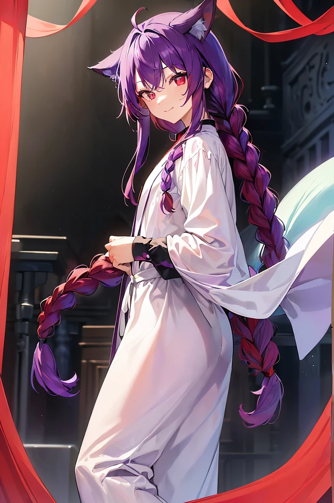 (((Purple Hair、Dye the inside of your hair red、Long Hair、Knot、Braid、Bright red eyes)))A man wearing a black robe、Smiling young man、Man standing facing forward、（（（A boy standing with a stick）、（White background）、{{masterpiece}}, The best quality of life、Fox ears、(((Fox&#39;s Tail)))、Fantasy