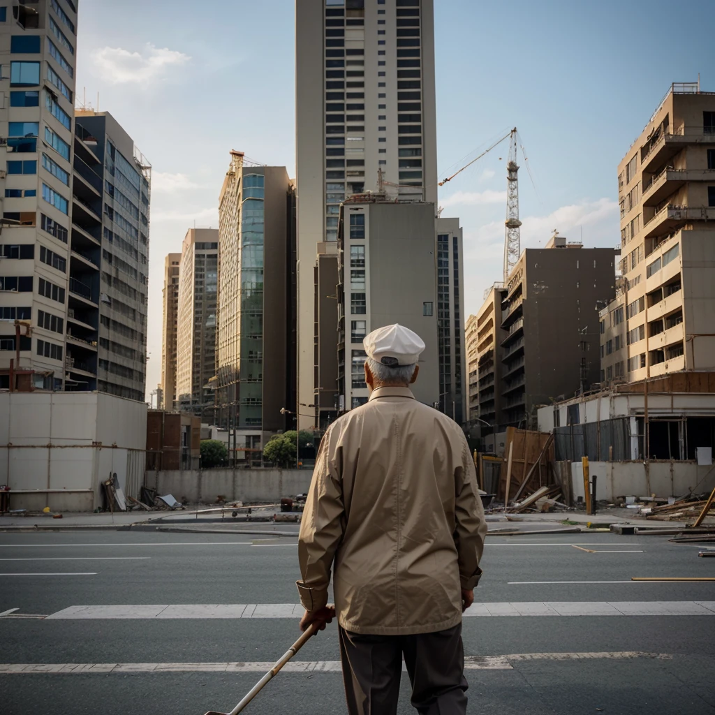An image of a retiree in his 70s, well dressed, with a cane, looking back at the construction of a block of buildings, without being finished,  with tall construction cranes