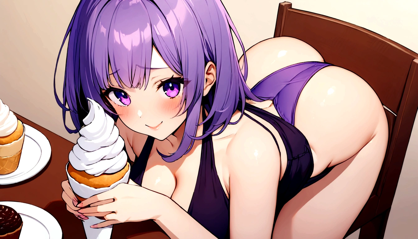 Tabletop, Highest quality, shape, Very detailed, In detail, High resolution, 8k wallpaper, Perfect dynamic composition, Beautiful attention to detail, ,Medium Hair、Natural color lips, Bold sexy pose,((One purple-haired 20-year-old girl))、Small underwear、Big Breasts、Big Ass、Sitting on a chair eating soft serve ice cream、smile、cute、sexy shot looking at camera、Embarrassed expression