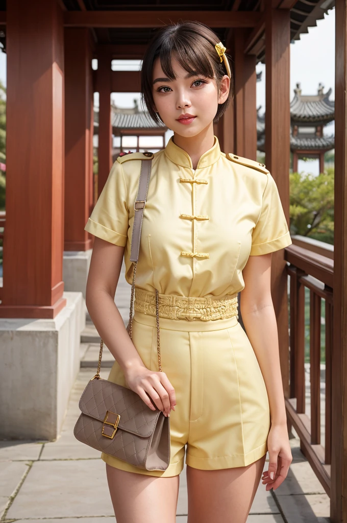 1girl, Wide hips, Skindentation, blush, stands in front of Chinese garden, wearing a flowing yellow military uniform, grey short hair and grey eyes, she is hold a gold color macrame handbag, looking at the viewer, ready to burn, hair ribbon, pale skin, angel,