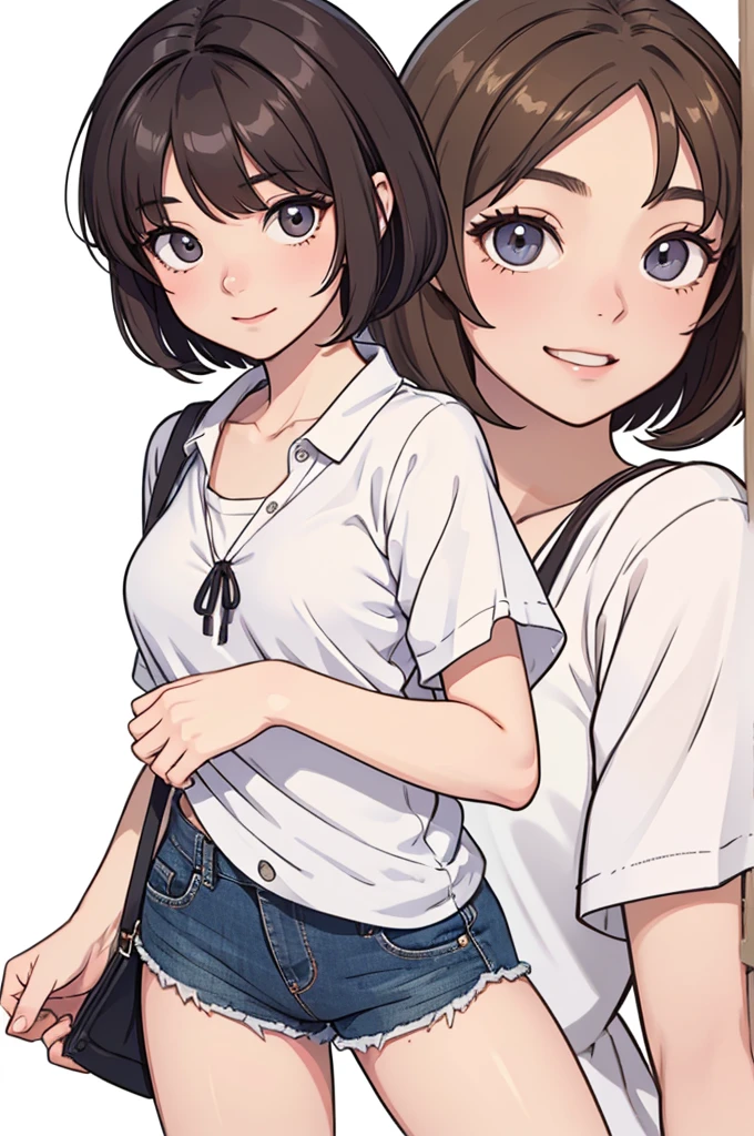(((masterpiece, best quality, ultra highres, 1 girl, solo, no background))), super detailed skin and face and eyes and finger, beautiful japanese woman, small breasts:1.5, skinny, light brown hair, white background, very short pixie hair, Knee shot, Generate with illustrations, Various expressions, Various poses, Please draw the entire character within the frame, ensuring that the head, arms, and legs are not cut off. The background should be simple, with the character positioned centrally, outline, anime, 2d, laugh, boyish, camisole, shorts, Lo-Fi Illustration、