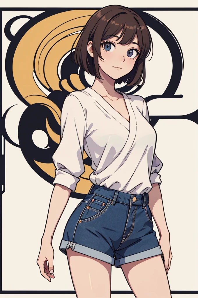 (((masterpiece, best quality, ultra highres, 1 girl, solo, no background))), super detailed skin and face and eyes and finger, beautiful japanese woman, small breasts:1.5, skinny, light brown hair, white background, very short pixie hair, Knee shot, Generate with illustrations, Various expressions, Various poses, Please draw the entire character within the frame, ensuring that the head, arms, and legs are not cut off. The background should be simple, with the character positioned centrally, outline, anime, 2d, laugh, boyish, camisole, shorts, Lo-Fi Illustration、