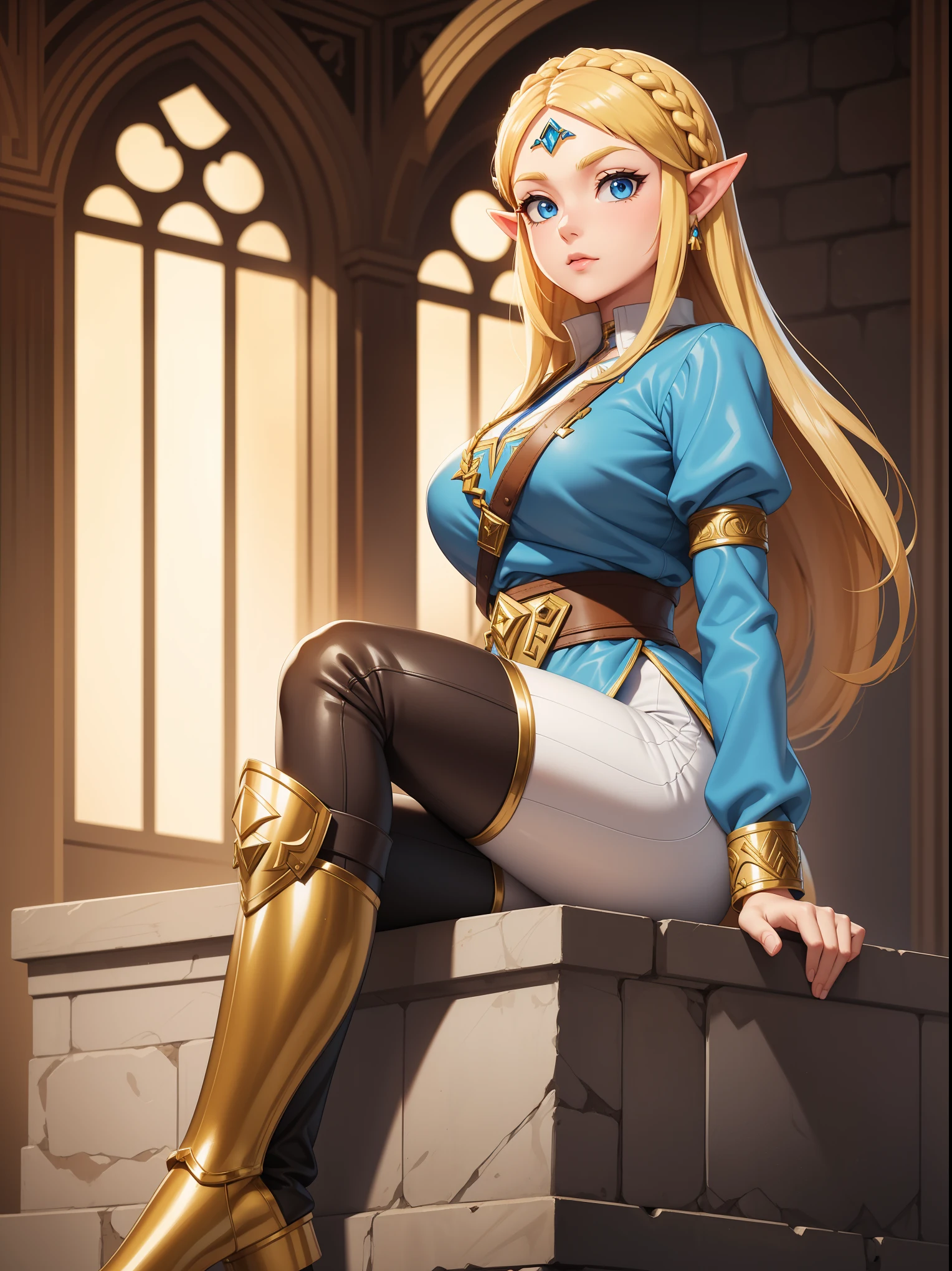masterpiece, best quality, 1girl, solo, Princess Zelda, long blonde hair, blue eyes, blue quilted blouse with gold detailing, fitted pants, and thick leather boots, epic color palette, 12k resolution, flower field background