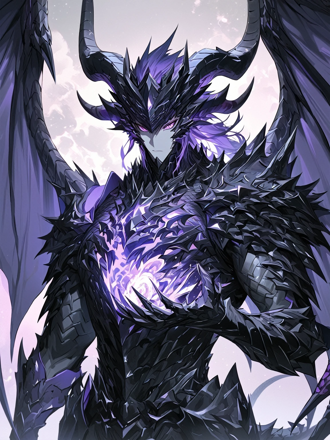 Masterpiece, Very detailed, ultra detailed, one, (1 man), man with a V-shaped body, Gray skin colour, dragon horns, two large dragon wings, full detailed dark obsidian armor with light purple details that seemed like a purple fire. Long black hair combed back, and reptile eyes that shine crimson-purple. In the style of manhwa "Omniscient Reader's Viewpoint"