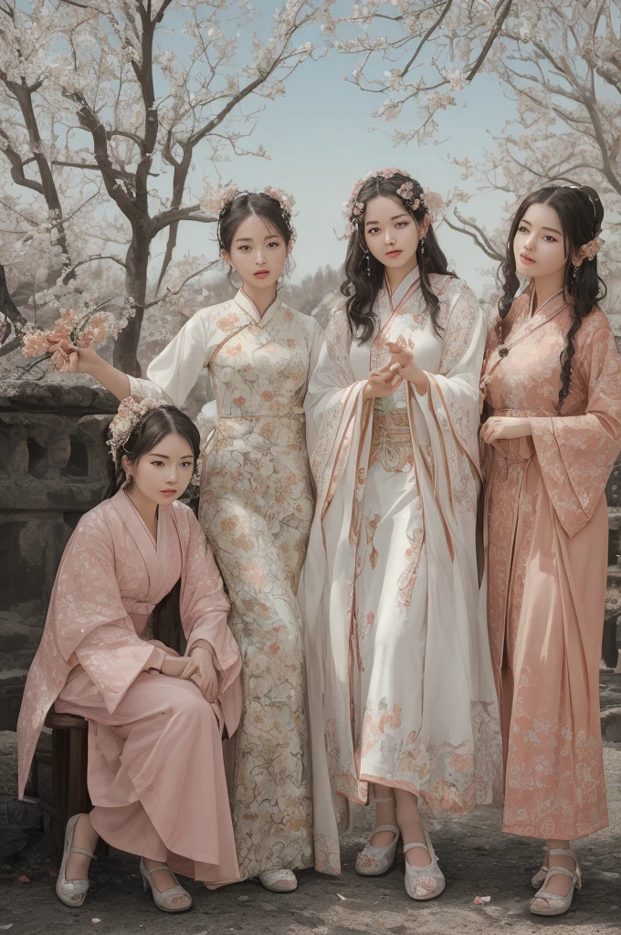 best quality, masterpiece, highres,3girls,Beautiful face,full body,chinese clothes,white Taoist robes,right hand hold sword with (Gorgeous ornamentation),peach trees,