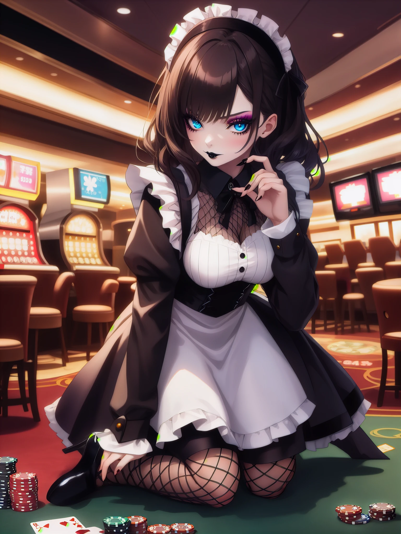 masterpiece,best quality,highres,ultra-detailed,inui sana,blue eyes,long hair,high ponytail,ahoge,braid,hair between eyes,bangs,hair bow,<lora:inui_sana:0.8>,rabbit ears,playboy bunny,casino,holding tray,embarrassed,blush,standing,