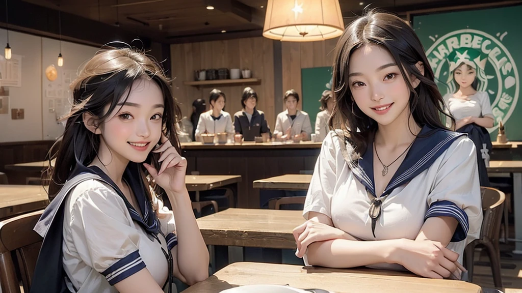 
((((((((Emphasize cleavage))))))))
((((((((A junior high school girl in a sexy white short-sleeved sailor uniform))))))))
(((((((お洒落でcuteInside the Starbucks store)))))))
8K、RAW Photos、Highest quality、Super detailed、Super Resolution、Ultra HD、8K壁紙、Amazing details



(((((((Inside the Starbucks store)))))))、
((((((Sit down and eat cake、Drink Starbucks coffee、smile))))))、((Heart Necklace))




Modern and sleek design：Interior design using natural materials、Many of the designs are warm and made using wood and metal.。
Large windows：自然光をたっぷり取り入れるためのLarge windowsがあり、Providing a bright and open space。
Green Interior：Potted plants are effectively placed、It creates a relaxing atmosphere。
artwork：Works by local artists、Starbucks-related art on display。
Cozy seating：Cushioned chairs and sofas、Bar sheet etc.、A variety of seating options available。
Open kitchen area：Being able to see how drinks and food are made、We provide peace of mind and transparency。
Unique lighting：Antique lamps and chandeliers、Modern lighting fixtures are used。
Comfortable background music：Relaxing music is playing、A comfortable space is provided。
Wide々Table space：一人でもグループでも使いやすいWide々There is a table with。
Community Table：There is a large table where you can socialize with other customers.。
Seasonal decorations：The decorations are themed according to the season.。
Design with a local feel：The design incorporates the local culture and characteristics.。
Fragrance production：コーヒーの香りが店内にWideがり、A space that satisfies the five senses has been created.。
Conversation with a barista：フレンドリーなConversation with a baristaが楽しめるカウンターエリアがあります。




8K、RAW Photos、Highest quality、masterpiece:1.2、Super detailed、Super Resolution、Ultra HD、8K壁紙、Amazing details、Photorealistic:1.4、Having fun by the water、Full Body Shot、Full body photo、High-resolution RAW color photos、Professional photos、A scene full of emotion、Very detailed and beautiful、Ultra HD、8K壁紙、Amazing details、Huge file sizes、Highly detailed beautiful girls、Highly detailed face Highly detailed eyes、Extremely realistic skin、 Highly detailed fingers, Highly detailed nose, Highly detailed mouth, Perfect Anatomy, Highly detailed background, Highly detailed clothing, Teen, cute女の子, Famous Japanese Idols, cute, Realistic body, Slender, White skin, Glowing Skin, Slim body, Realistic Face, Delicate eyes, double eyelid, 



