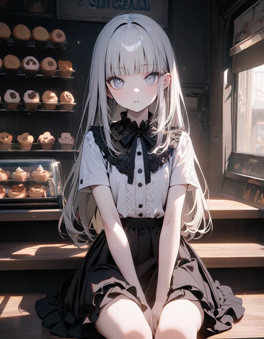 (8K, best quality, master piece: 1.2),super high resolution,1 girl,solo,16yo,ultra-detailed face,detailed eyes,silver eyes,blunt bangs,silver hair,Straight hair,Long hair,pale skin,white short sleeve petal collar blouse,black tiered skirt,black Fascinator,expressionless,lash extension,parted lips,rim light,perfect hands, perfect fingers,eatinga softcream topped with cat-shaped cookies,Looking at viewer,Sitting,indoors Icecream shop