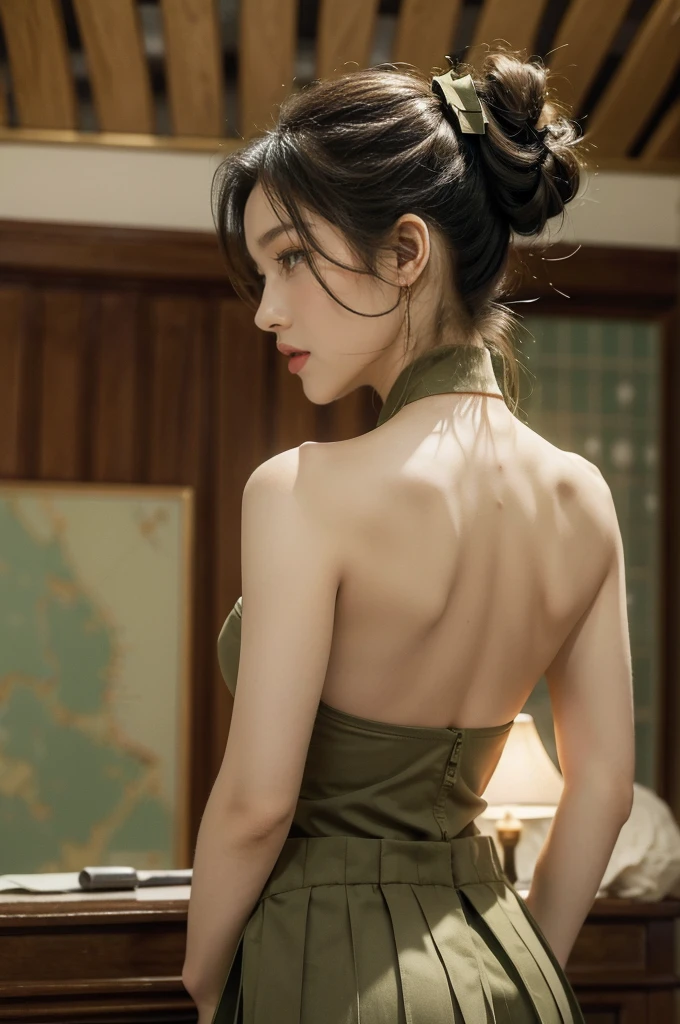 (((best quality))),(((ultra detailed))),(((masterpiece))),illustration,((1 beautiful young girl,female soldier,solo)),(short black ponytail:1.2),((slim,thin)),((shoulder off,strapless,bare back,towering hips,butt crack)),determined,professional,demeanor,(light green short-sleeved shirt:1.3),(dark green shorts:1.2),(slender legs:1.2),military,affiliation,background,military conference room,walls,maps,battlefields,strategic points,markings,(large red flag),nation's unity,strength,seriousness,planning,important discussion,rigid posture,focused expression,confidence,respectability,bright intense eyes,analyzing situation,contribute thoughts,ideas,charm,powerful,intense atmosphere,freezes moment in time,essence,striking appearance,(night scene:1.2),((from back,upper body))