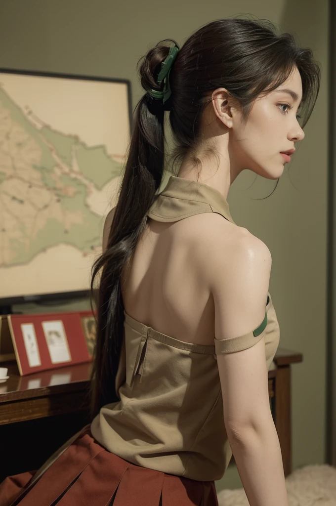 (((best quality))),(((ultra detailed))),(((masterpiece))),illustration,((1 beautiful young girl,female soldier,solo)),(short black ponytail:1.2),((slim,thin)),((shoulder off,strapless,bare back,towering hips,butt crack)),determined,professional,demeanor,(light green collared short-sleeved shirt:1.3),(dark green pleated skirt:1.2),(slender legs:1.2),military,affiliation,background,military conference room,walls,maps,battlefields,strategic points,markings,(large red flag),nation's unity,strength,seriousness,planning,important discussion,rigid posture,focused expression,confidence,respectability,bright intense eyes,analyzing situation,contribute thoughts,ideas,charm,powerful,intense atmosphere,freezes moment in time,essence,striking appearance,(night scene:1.2),((from back,upper body))