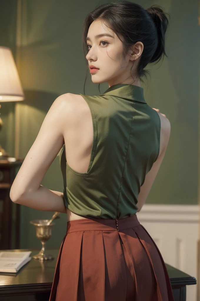 (((best quality))),(((ultra detailed))),(((masterpiece))),illustration,((1 beautiful young girl,female soldier,solo)),(short black ponytail:1.2),((slim,thin)),((shoulder off,strapless,bare back,towering hips,butt crack)),determined,professional,demeanor,(light green collared short-sleeved shirt:1.3),(dark green pleated skirt:1.2),(slender legs:1.2),military,affiliation,background,military conference room,walls,maps,battlefields,strategic points,markings,(large red flag),nation's unity,strength,seriousness,planning,important discussion,rigid posture,focused expression,confidence,respectability,bright intense eyes,analyzing situation,contribute thoughts,ideas,charm,powerful,intense atmosphere,freezes moment in time,essence,striking appearance,(night scene:1.2),((from back,upper body))