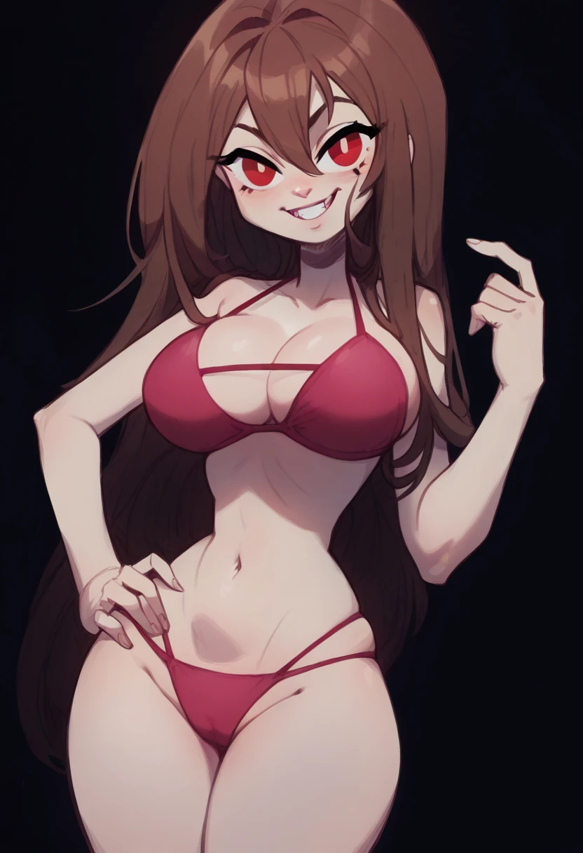 masterpiece, 4k, details, extreme details, high resolution, 1 woman , long brown hair, red eyes, mischievous face, smile, pink bikini, belly, large breasts , standing on your hips , black background