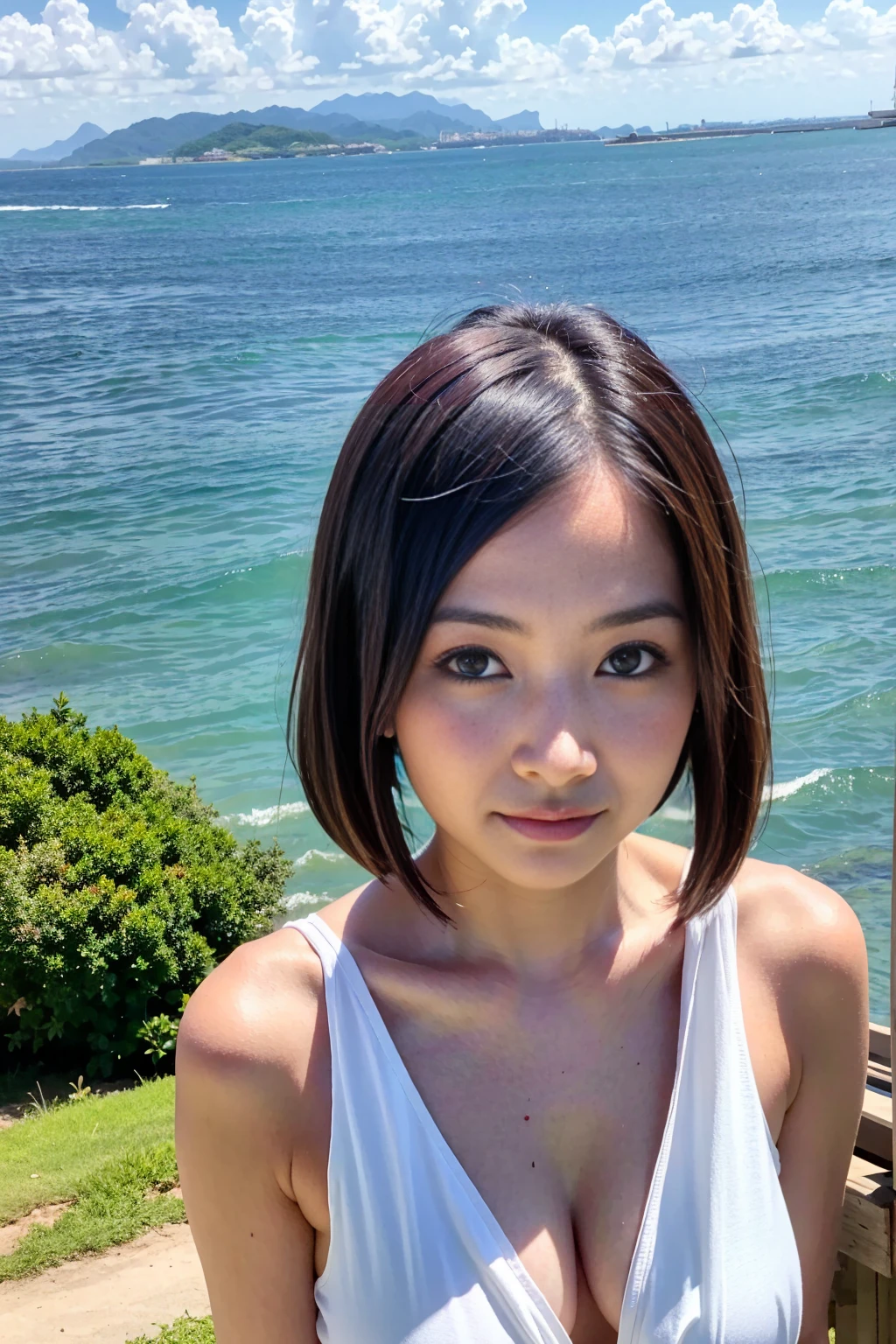 xx remix girl,1 girl, fisheye lens, (Self snap), Wind, messy hair, tropical country、Ocean、Palm tree, (Aesthetics and atmosphere:1.2), black hair,smile,22 years old、bikini、Medium chest、(Super high quality:1.5、super high quality:1.5、Photographic:1.3)、