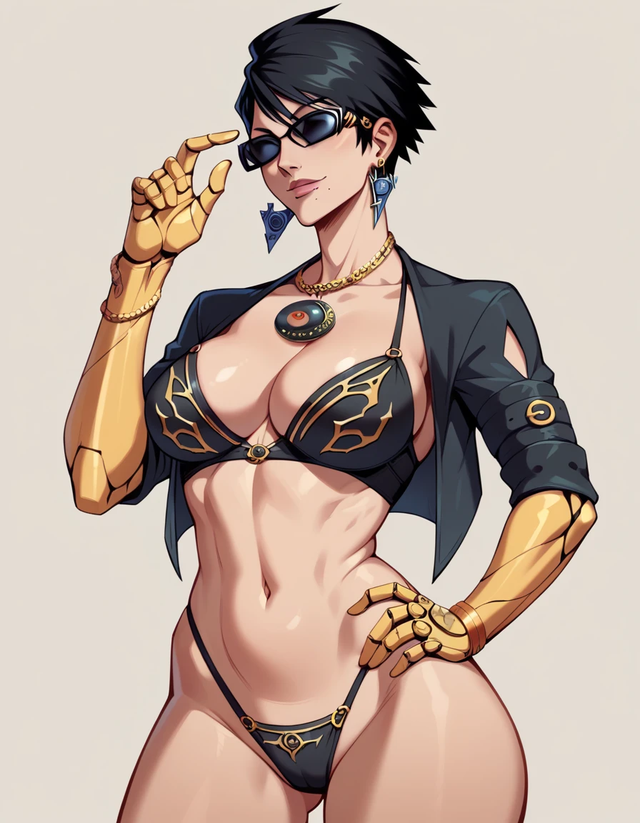  tall beautyfull woman, bayonetta shape, golden robotic arms, short black hair, golden earring, black panties, golden bracelet,sunglasses, slender body, natural body, milf, detailed, perfect face, black bra
