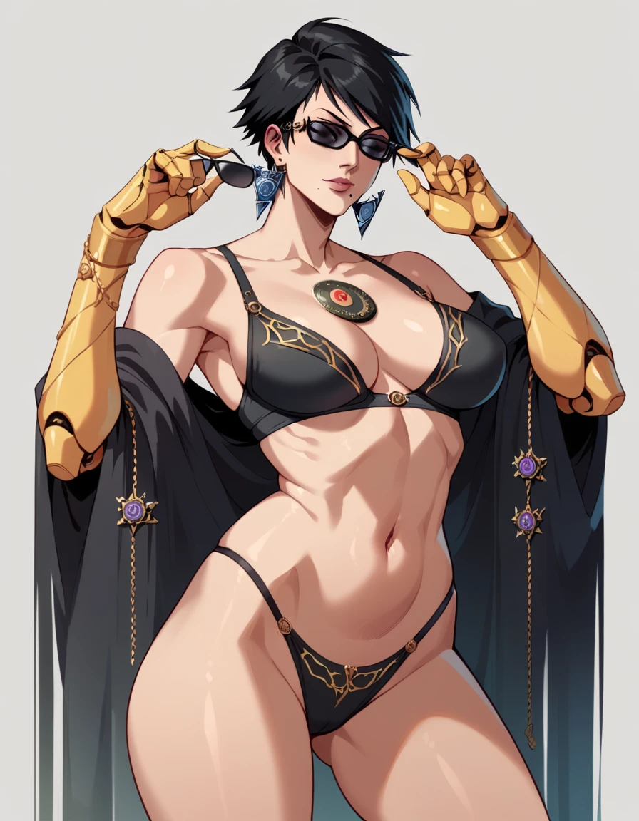  tall beautyfull woman, bayonetta shape, golden robotic arms, short black hair, golden earring, black panties, golden bracelet,sunglasses, slender body, natural body, milf, detailed, perfect face, black bra
