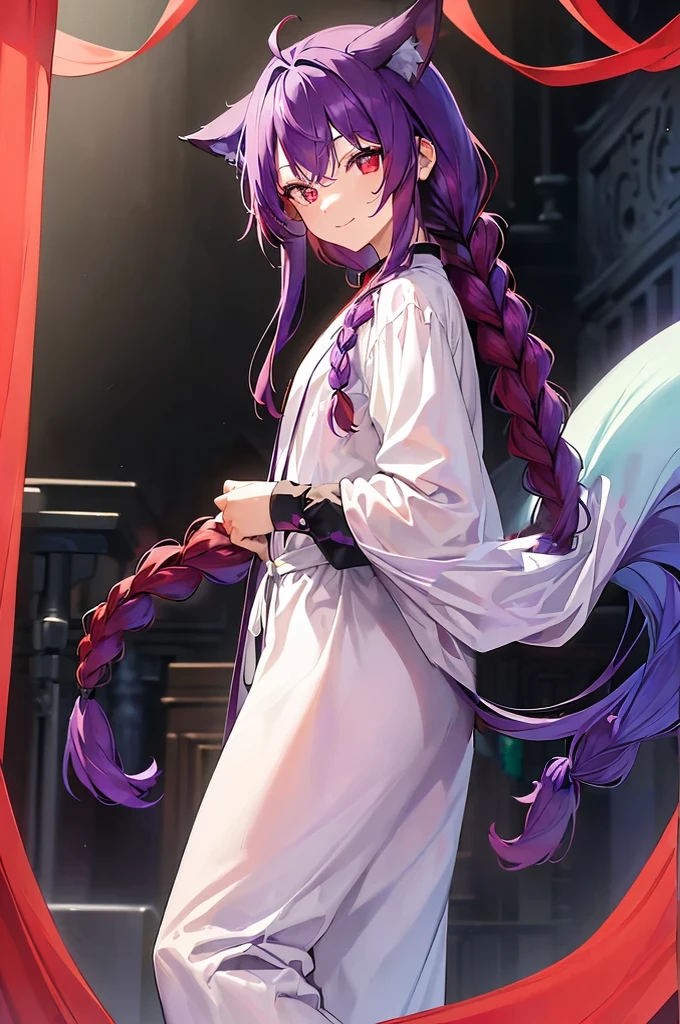 (((Purple Hair、Dye the inside of your hair red、Long Hair、Knot、Braid、Bright red eyes)))A man wearing a black robe、Smiling young man、Man standing facing forward、(((A boy standing with a stick)、(White background)、{{masterpiece}}, The best quality of life、Fox ears、(((Fox's Tail)))、(Fantasy、Fox's Tail)