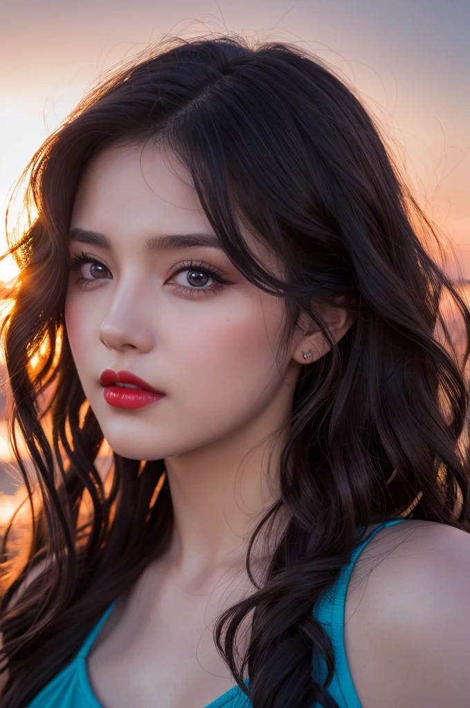Best Quality, hyper realistic,Masterpiece, Ultra High Resolution, (Realism: 1.4), Original Photo close up, 1Girl,brown Eyes,red lip,wearing blue sweeter, Cinematic Lighting, black longwavy Hair, At Sunset