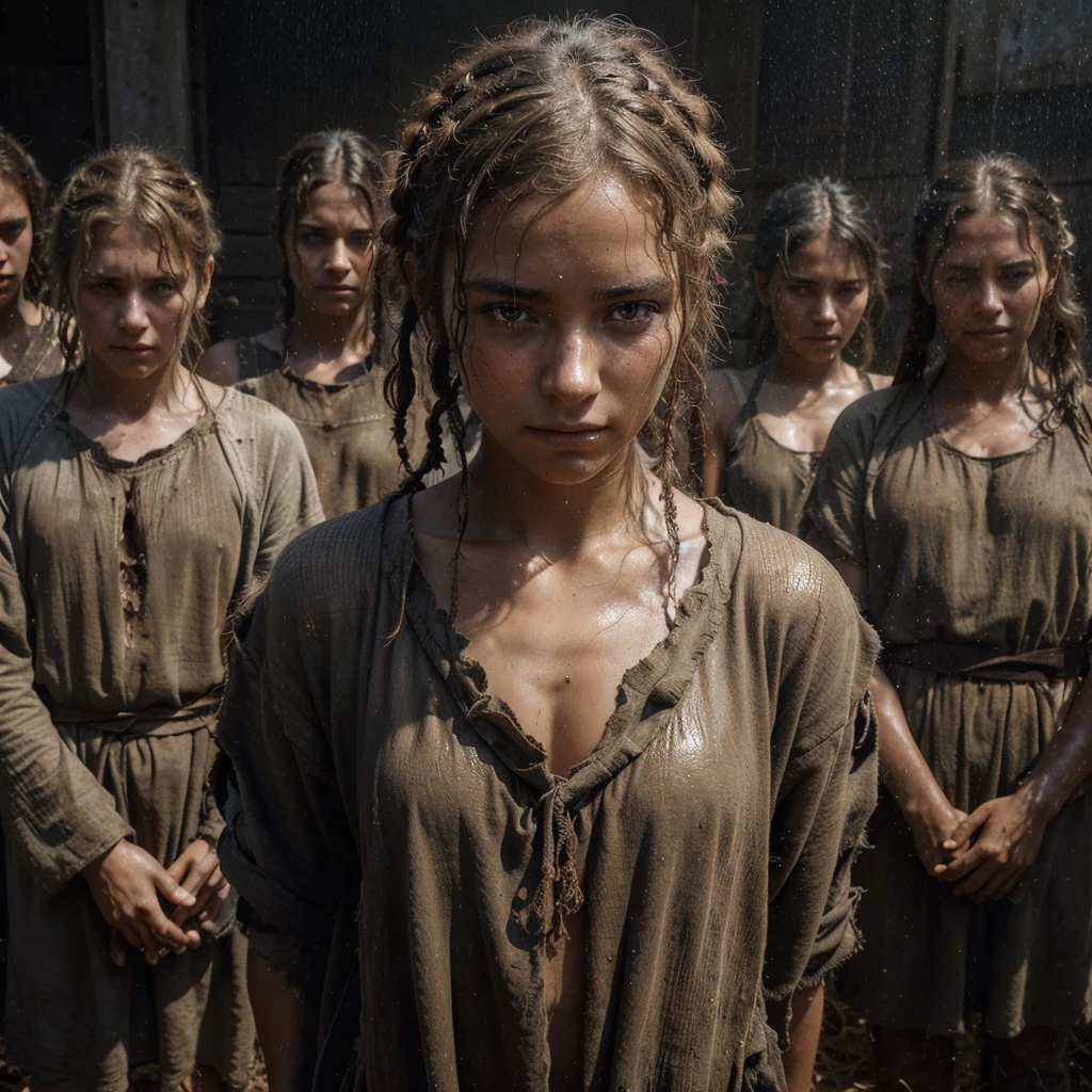 Roman Slave Girl, Slavic Tribe , Working On A Pig Farm, 23 Years Old, Exhausted By Hard Work, A Worn-Out Mare By Hard Labor, Tanned To Black From Dirt And Sun, Barefoot, Ragged, Beautiful But Exhausted Face, Dirty Hair, Somehow Braided, In An Old Torn Sacking That Replaces Her Short Tunic, Leaky And Dilapidated, High Texture Burlap, Body, Rural Italy, Cgsociety Of The Whole Body, Highly Detailed Cgsociety, Realistic Anime In 3d, Cgsociety Artstation, Realistic Anime Style 3d, Anime Style 3d, Dawn Cgsociety, Humanoid Woman, Cgsociety High Definition, Cgsociety Uhd 4k With High Details
