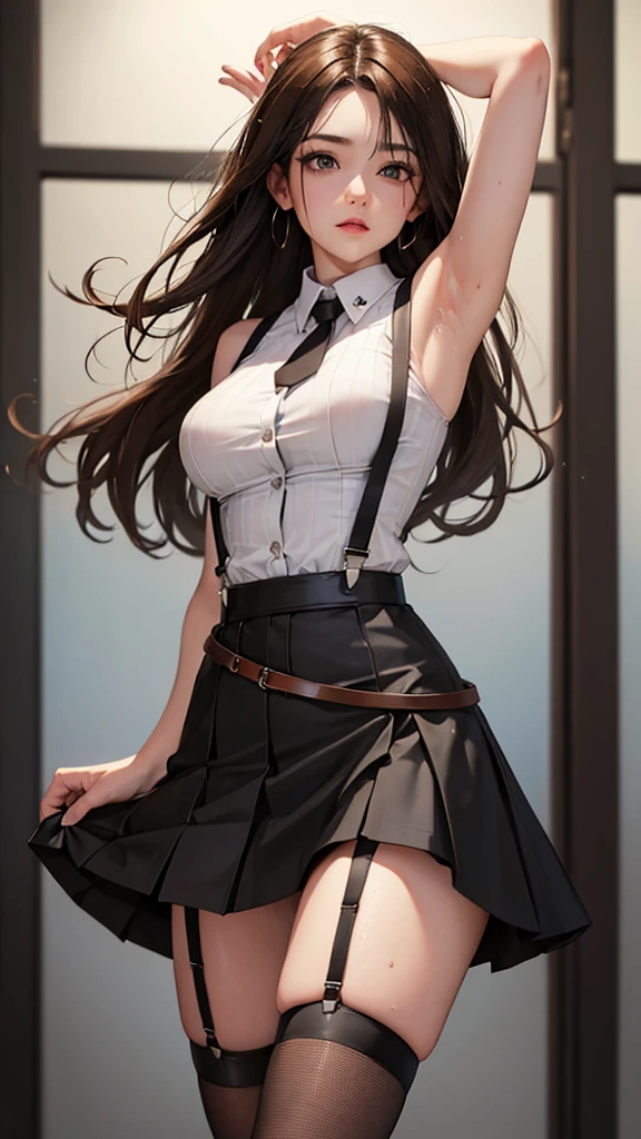 Black skirt, 　Suspenders, Brown hair grey eyes, Garters on legs, Tight clothing, 　　 belt　Armpit sweating　　Poker face　Medium breasts