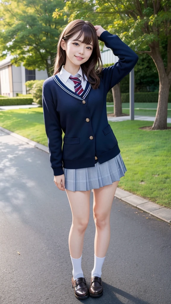 Full body angle, ((school uniform)), one woman, 30 years old, Japanese, Shiraishi Mai, Nishino Nanase, Kitagawa Keiko, married woman, beautiful woman, pretty face, cute face, refreshing and natural smile