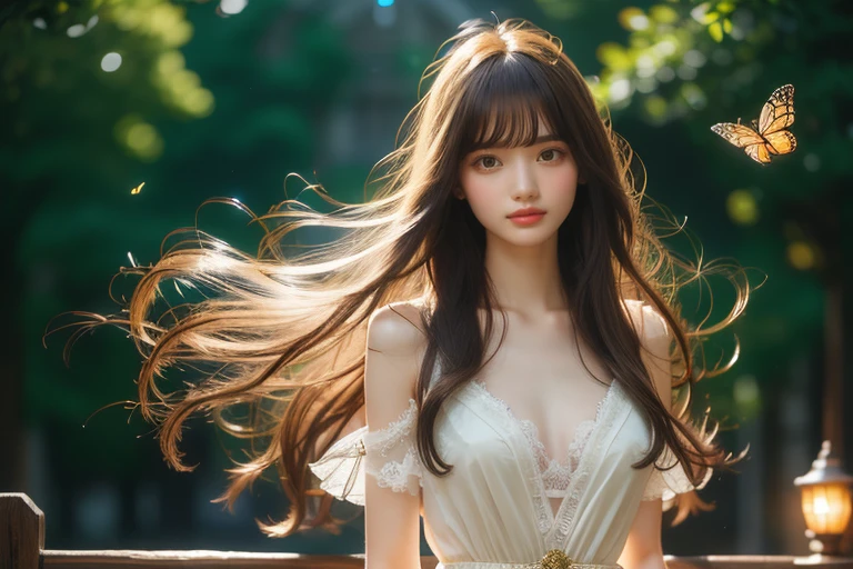 1 girl, masterpiece, very detailed, ((cinematic lighting)), (shine), ((dramatic lighting)), ((beautiful delicate shine)), intricate details, Lens flare, blonde, long hair, colorful dresses, butterfly hair ornament, butterfly, (particles of light), turn your arms behind your back, medium chest, [take up], cowboy shot, light smile, green eyes, church, Stained glass, Spotlight, dark background, floating hair, floating hair, looking at the viewer,((colorful))