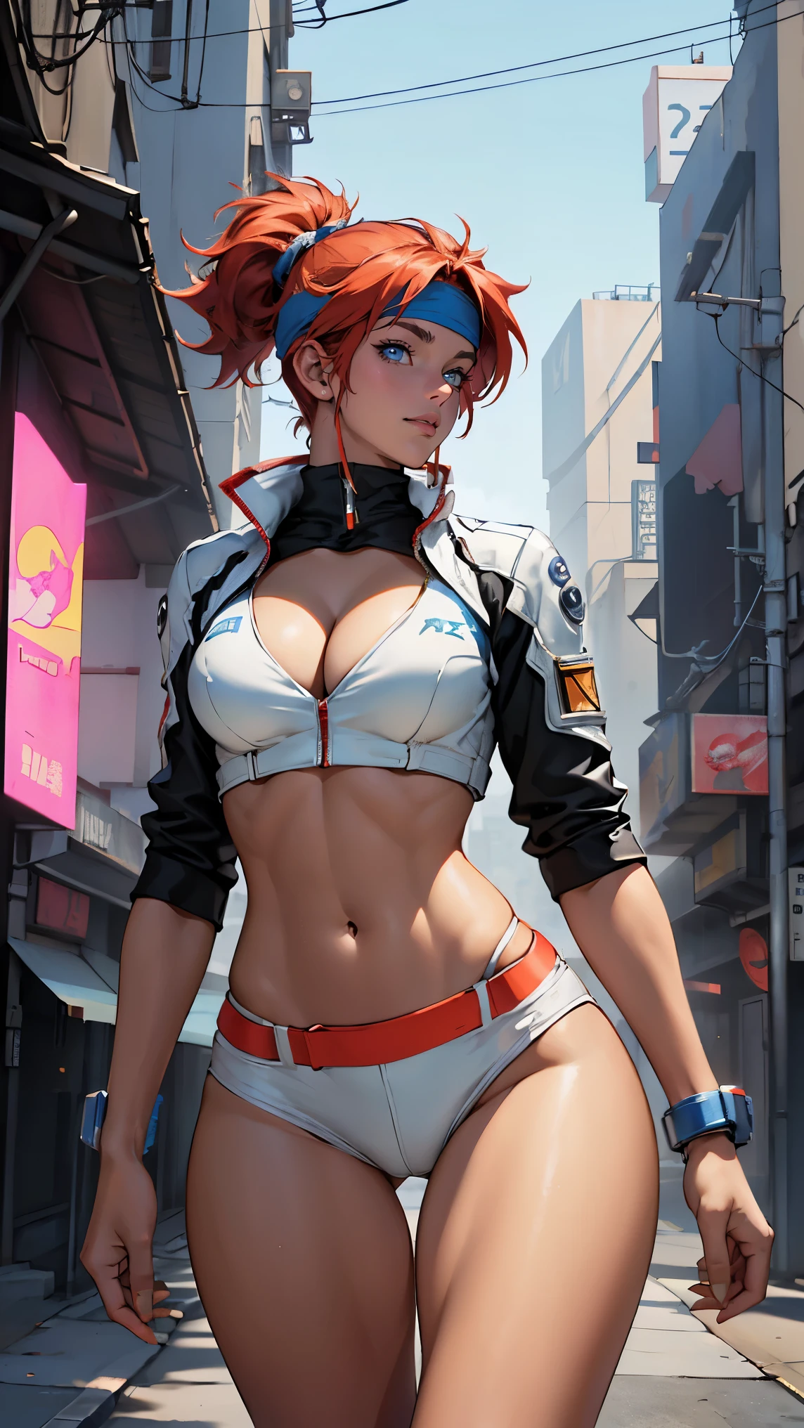 ((Masterpiece, highest quality; 1.3)), super quality, beautiful detail, super detailed, extra fine, 16K, exquisite, absurd, high resolution, beautiful background, detailed background, beautiful eyes, beautiful skin, anime style, Kay from Dirty Pair in a white outfit, tight outfit, cleavage, bushy redhead beauty, very light blue uniform, wearing tight clothes, skimpy, (mid chest: 1.2), cleavage, cleavage, slim waist , thin waist, slim thighs, thin legs, slim legs. thigh gap, showing stomach, skinny, thin hips, cyberpunk city background, holding retro space gun , headband, 