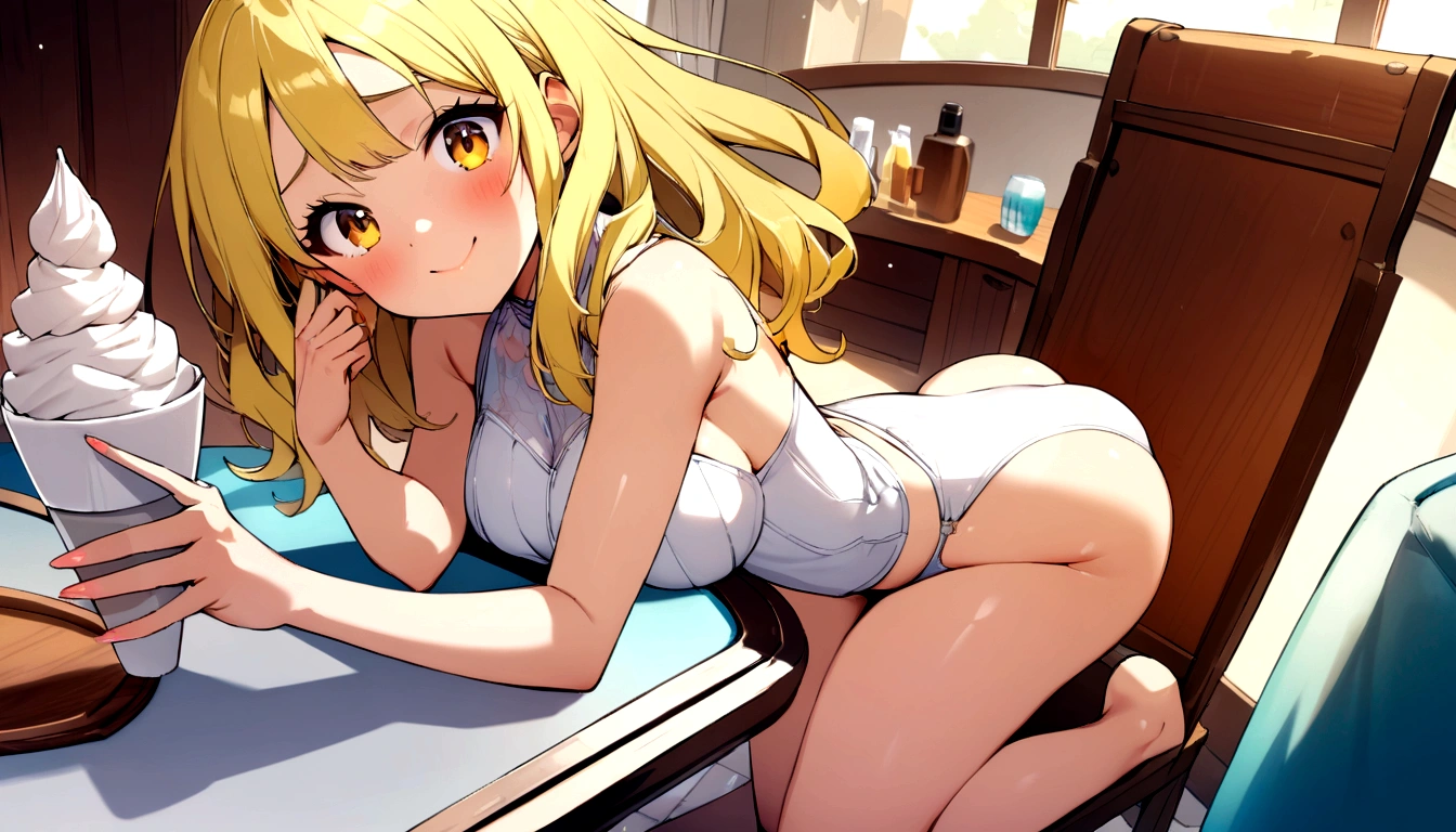 Tabletop, Highest quality, shape, Very detailed, In detail, High resolution, 8k wallpaper, Perfect dynamic composition, Beautiful attention to detail, ,Medium Hair、Natural color lips, Bold ???? pose,((One yellow-haired 20-year-old girl))、Small ?????????、???????????、Big ???、Sitting on a chair eating soft serve ice cream、smile、cute、???? shot looking at camera、Embarrassed expression