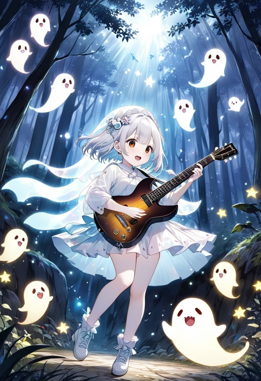 best quality, super fine, 16k, 2.5D, delicate and dynamic depiction, cute ghost live performance, singing, dancing notes, playing star-shaped modified guitar, deep forest cave illuminated by moonlight, Shigeru Mizuki's art style, rough and cute illustrations, cute ghost fantasy, sparkling effects, ghost effects