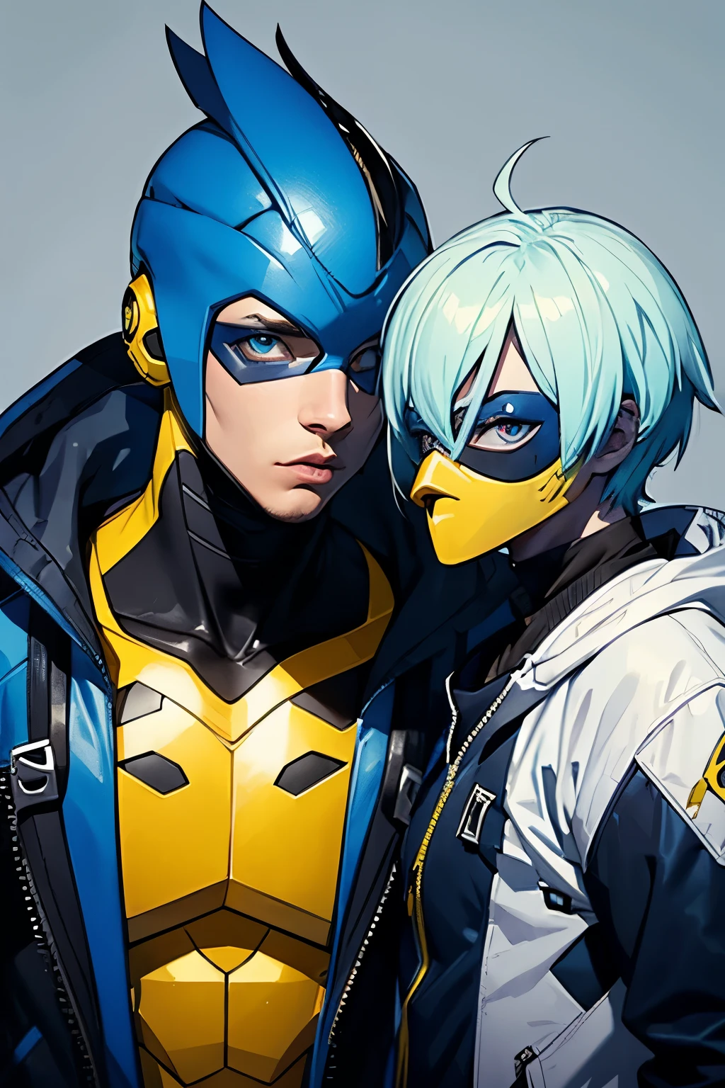 a male duck(drake) mutant with a blue and black costume and blue mask and yellow hair, with a human body, white skin, and yellow beak, and a human structures face with duck eyes