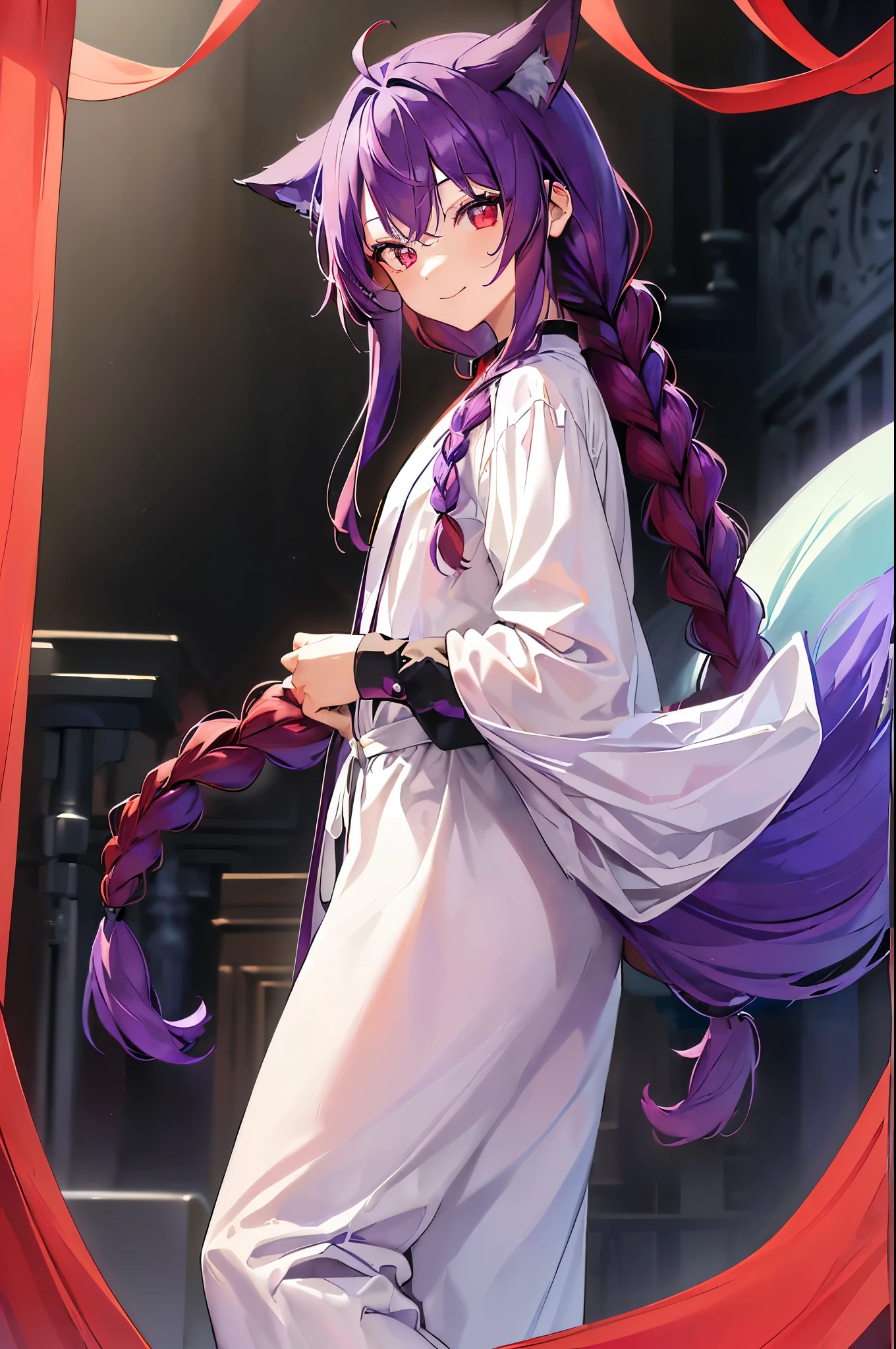 (((Purple Hair、Dye the inside of your hair red、Long Hair、Knot、Braid、Bright red eyes)))A man wearing a black robe、Smiling young man、Man standing facing forward、（（（A boy standing with a stick）、（White background）、{{masterpiece}}, The best quality of life、Fox ears、(((Fox&#39;s Tail)))、Fantasy