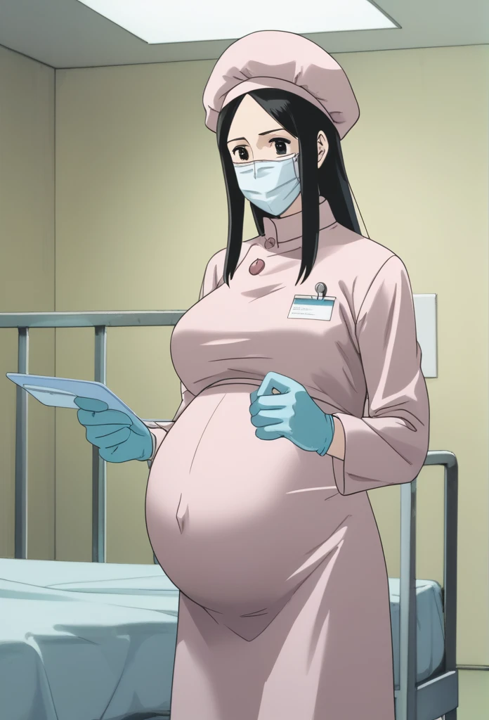score_9,  score_8_up, score_7_up, source_anime, raw image, masterpiece, highest quality, natural light, patient room background, kasuganoray, good shape, pale skin, shy eyes, big breasts, scrubs, surgical mask, bouffant cap, long sleeve maternity dress, no shirt buttons, navel head, tip of nipple,
1girl, pregnant, solo, rubber gloves, looking down, furrowed brow, hospital bed, standing, even though she's pregnant, she has a good figure