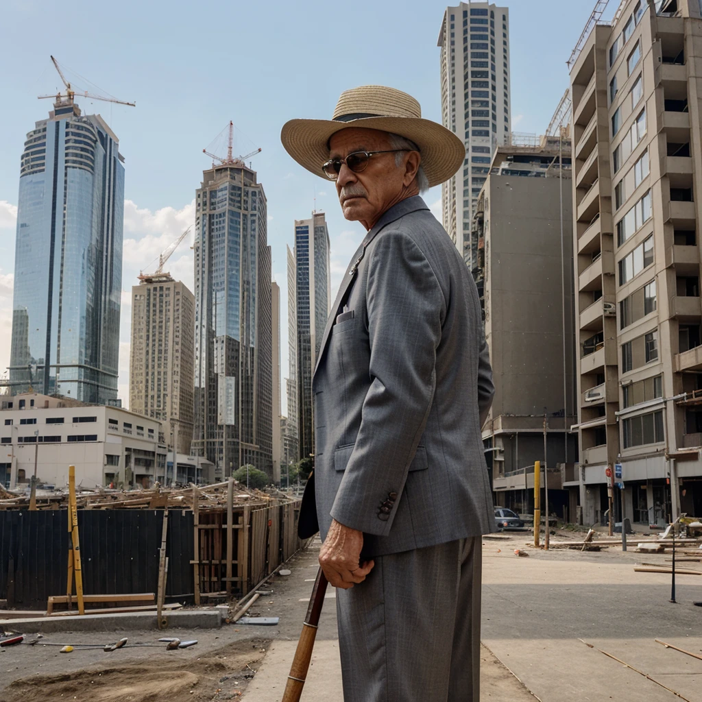 An image of a retiree in his 70s, well dressed, with wide brimmed hat, with a cane, looking back at the construction of a block of buildings, without being finished, with tall construction cranes