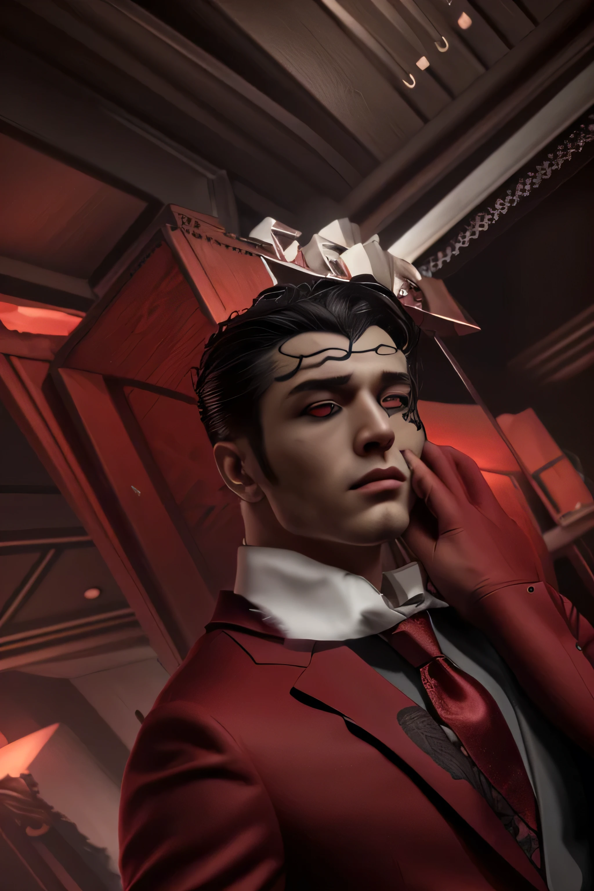um homen sentado tomando vinho, face remi malek, com cabelos preto e vermelho, Olhos vermelhos, with white gloves on hand, Escultura Moia , Sonic Oriço Movie Poster