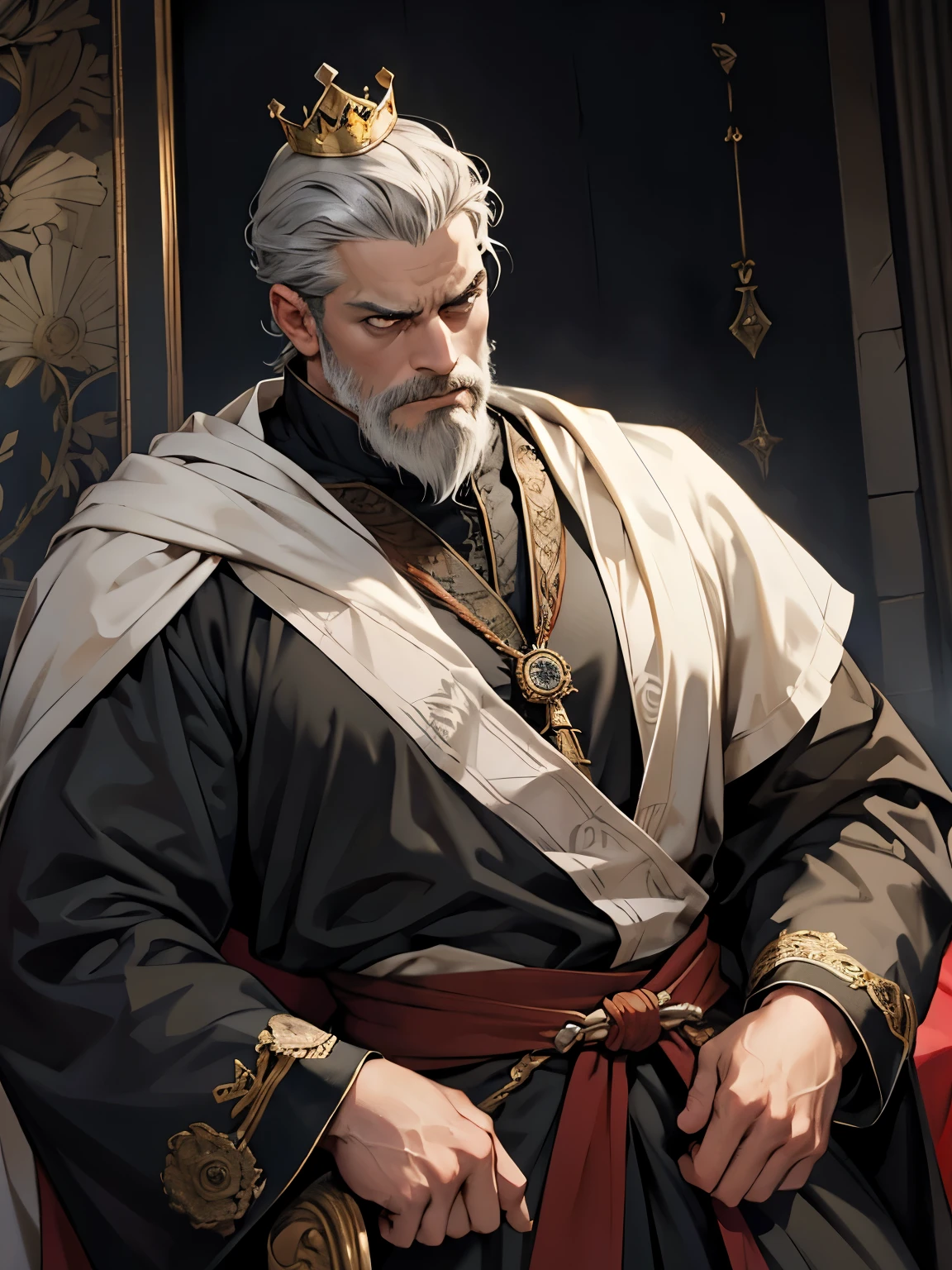 masterpiece:1.2, top quality, Middle Ages, dark lighting, action SHOT, sandy, man, King of the 19th century, stately man in the clothes of a king, crown on head, Royal clothes, short hair, Old man with combed gray hair and beard, central portrait, in the style of Kentaro Miura, (1 man), masculine man, gloomy facial expression, comics, difficult, to the waist, king palace background