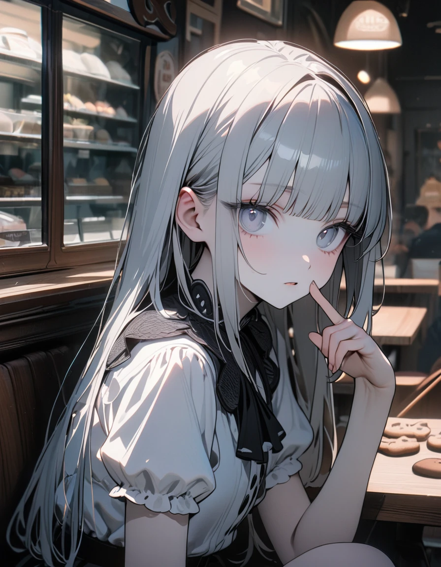(8K, best quality, master piece: 1.2),super high resolution,1 girl,solo,16yo,ultra-detailed face,detailed eyes,silver eyes,blunt bangs,silver hair,Straight hair,Long hair,pale skin,white short sleeve petal collar blouse,black tiered skirt,black Fascinator,expressionless,lash extension,parted lips,rim light,perfect hands, perfect fingers,eatinga softcream topped with cat-shaped cookies,Looking at viewer,Sitting,indoors Icecream shop