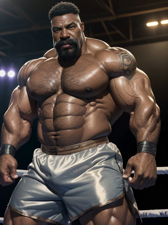 Hyperrealistic image of an extremely old very sweaty African American boxer superhero, more than 80 years, very muscular and fat, more than 200 kilos, with a naked torso, large and flaccid pectorals, brown nipples very long gray hair and big gray mustaches with huge arms. tattooed in a boxing ring with satin shorts