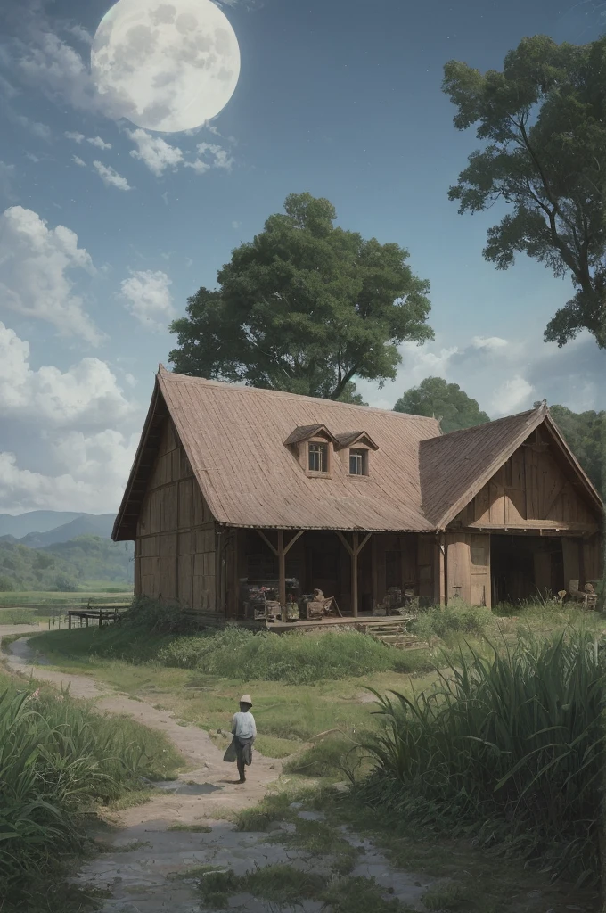 Old farmer carrying flat load, walking along winding path in countryside, big moon, Jupiter reflected, big clouds, blue sky, rice fields, neat rice seedlings in fields, forest, hillside, secluded, countryside, HD detail, hyper detail, film, surrealism, soft light, deep field focus bokeh, ray tracing, surrealism. --v6