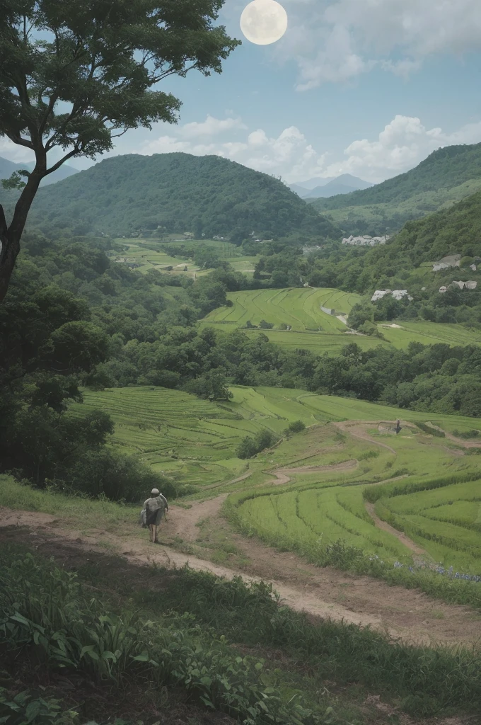 Old farmer carrying flat load, walking along winding path in countryside, big moon, Jupiter reflected, big clouds, blue sky, rice fields, neat rice seedlings in fields, forest, hillside, secluded, countryside, HD detail, hyper detail, film, surrealism, soft light, deep field focus bokeh, ray tracing, surrealism. --v6