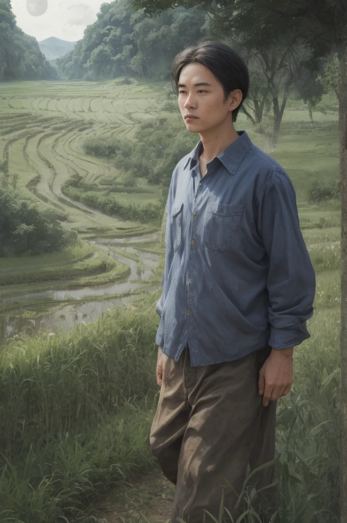 Old farmer carrying flat load, walking along winding path in countryside, big moon, Jupiter reflected, big clouds, blue sky, rice fields, neat rice seedlings in fields, forest, hillside, secluded, countryside, HD detail, hyper detail, film, surrealism, soft light, deep field focus bokeh, ray tracing, surrealism. --v6