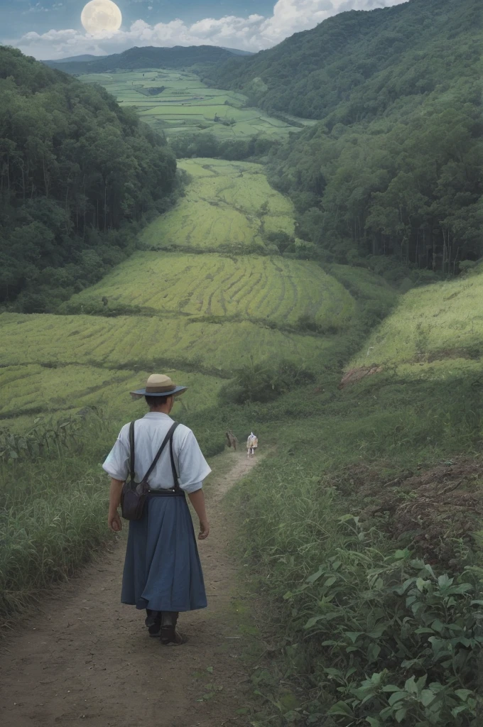 Old farmer carrying flat load, walking along winding path in countryside, big moon, Jupiter reflected, big clouds, blue sky, rice fields, neat rice seedlings in fields, forest, hillside, secluded, countryside, HD detail, hyper detail, film, surrealism, soft light, deep field focus bokeh, ray tracing, surrealism. --v6