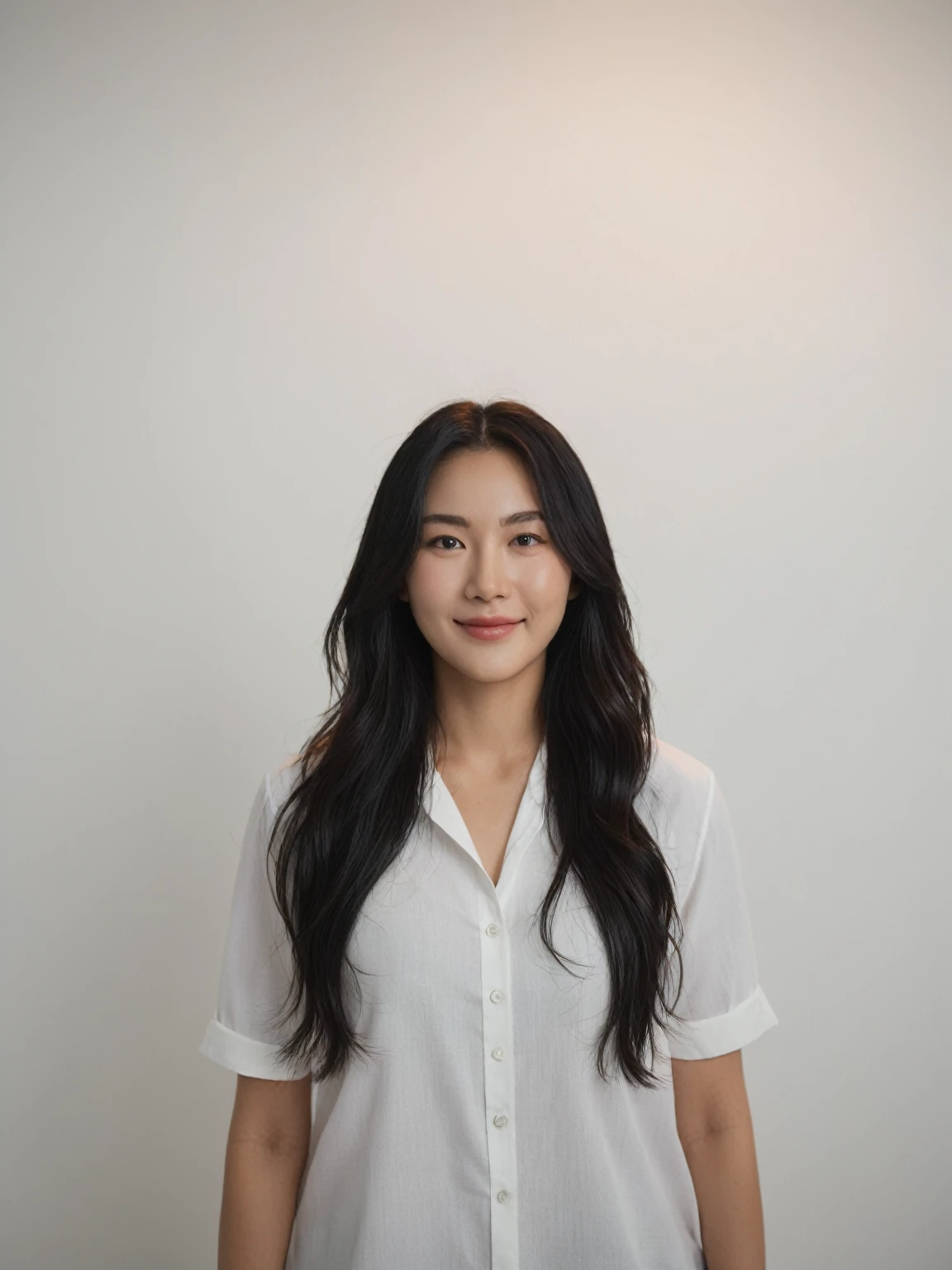 Best Quality, 8k, Masterpiece, (Portrait: 1.3), (photo realistic:1.4), (hyper realistic:1.4), Sharp Focus, looking at viewer, (smoother lighting:1.1), (increase cinematic lighting quality:0.9), realistic lighting, backlighting, light on face, ray trace, (brightening light:1.2), (Increase quality:1.4), sharp detail, (best quality real texture skin:1.4), finely detailed eyes, black_eyes, finely detailed face, 25 year old Korean woman, (white formal_shirt:1.4), (Create an image maintaining the original base model hairstyle:1.5),smiling_face