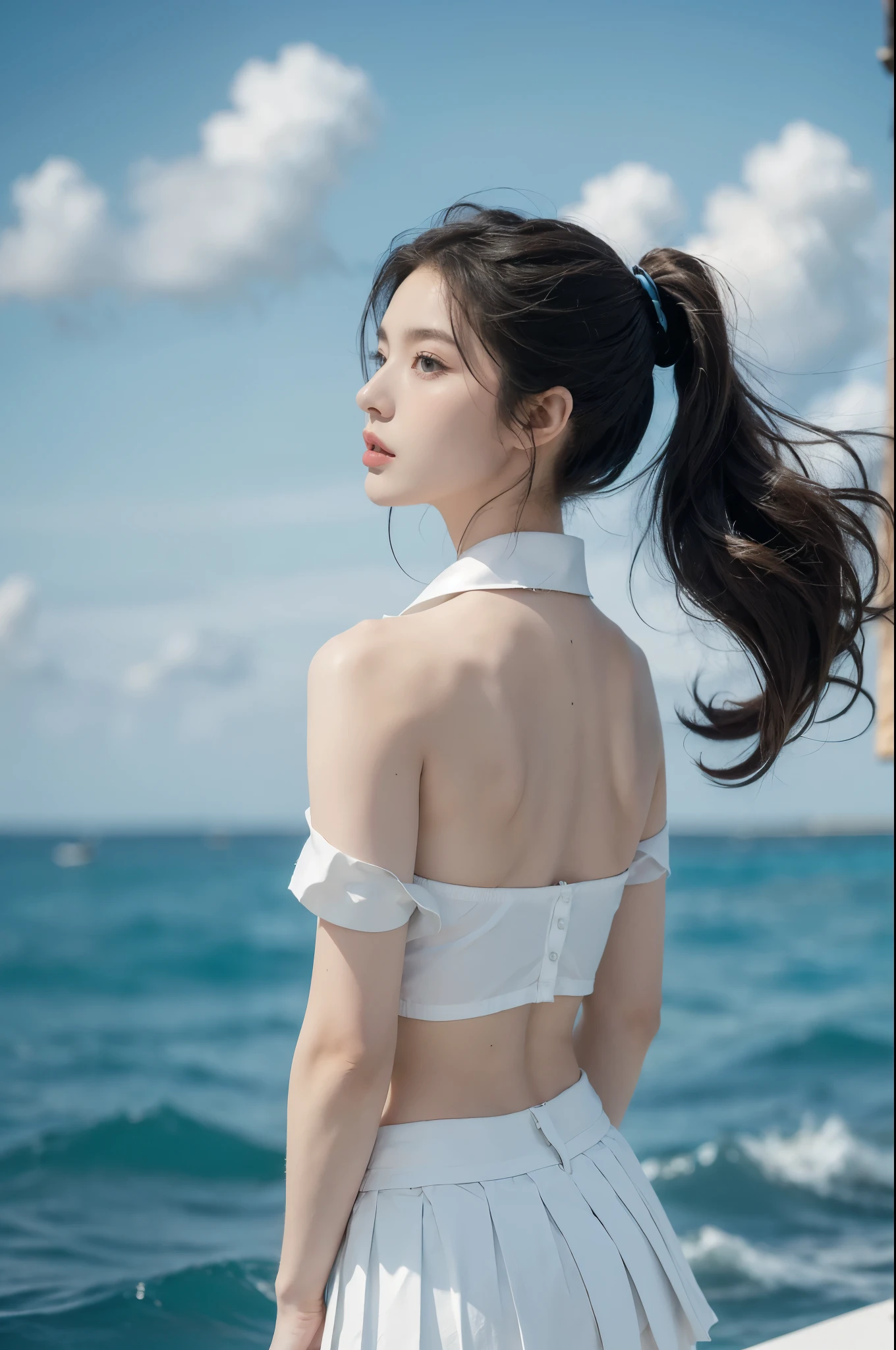 (((best quality))),(((ultra detailed))),(((masterpiece))),illustration,((1girl,naval officer,solo)),(short ponytail:1.2),((slim,thin)),((shoulder off,strapless,bare back,towering hips,butt crack)),(white collared short-sleeved shirt:1.3),(white pleated skirt:1.2),(slender legs:1.2),vibrant colors,ocean background,(on the warship:1.3),majestic,turquoise waves,sun reflection,white clouds,sky,brilliant shade of blue,confident posture,gaze fixed on horizon,wind,gently blows hair,stray strands,flutter in breeze,adventure,excitement,unknown waters,beauty,strength,determination,female power,resilience,striking looks,powerful setting,sea,captivating,inspiring image,viewer,drawn to presence,challenging environment,military service,bravery,dedication,((from back,upper body))