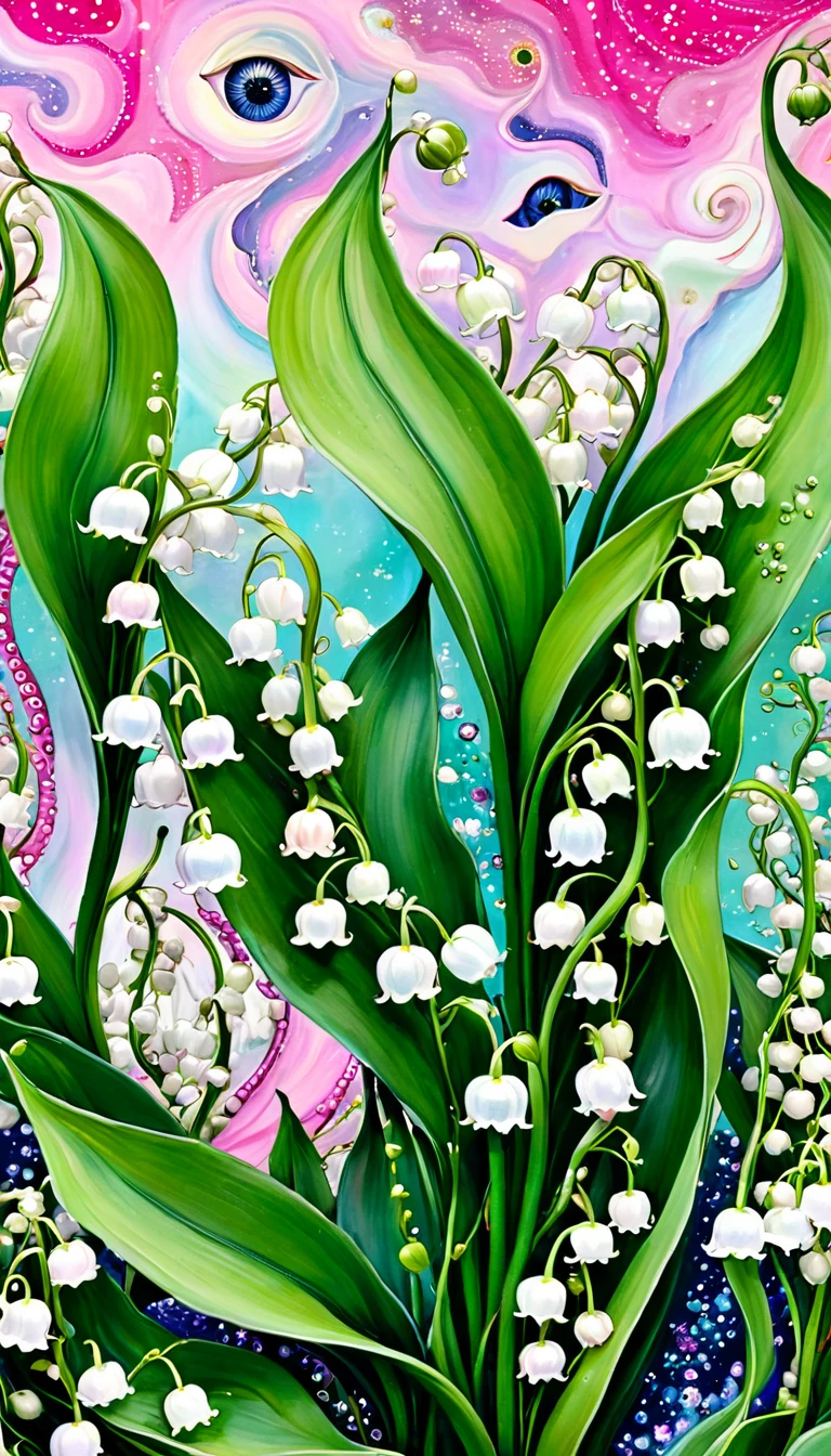 Lily of the Valley Cottage,plant,Tentacles,Eye、Starry Sky,Stitching together an abstract painting,Describing the inner world of autistic people,Sense of space,White Space,interesting,Innocence,Psychedelic Art,Pink theme
