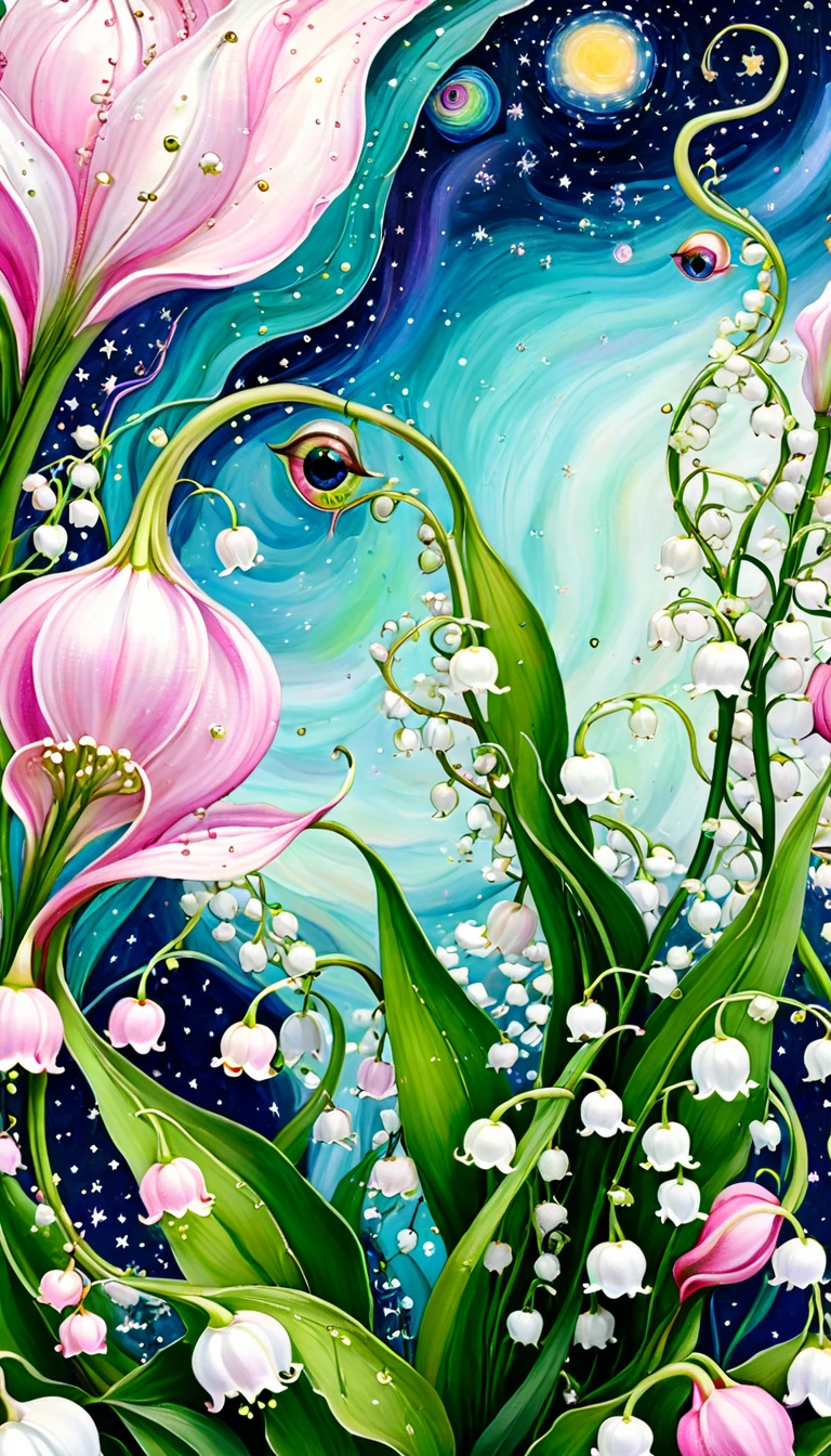 Lily of the Valley Cottage,plant,Tentacles,Eye、Starry Sky,Stitching together an abstract painting,Describing the inner world of autistic people,Sense of space,White Space,interesting,Innocence,Psychedelic Art,Pink theme