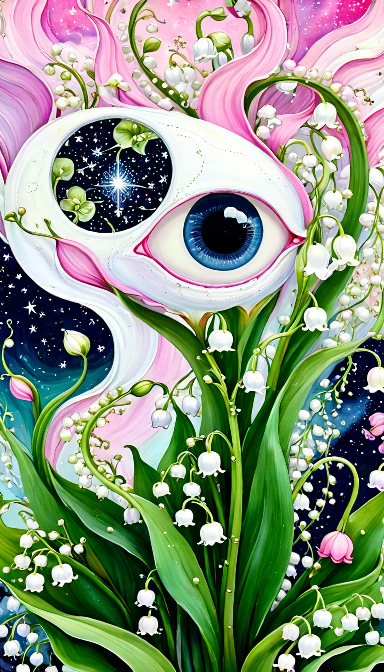 Lily of the Valley Cottage,plant,Tentacles,Eye、Starry Sky,Stitching together an abstract painting,Describing the inner world of autistic people,Sense of space,White Space,interesting,Innocence,Psychedelic Art,Pink theme