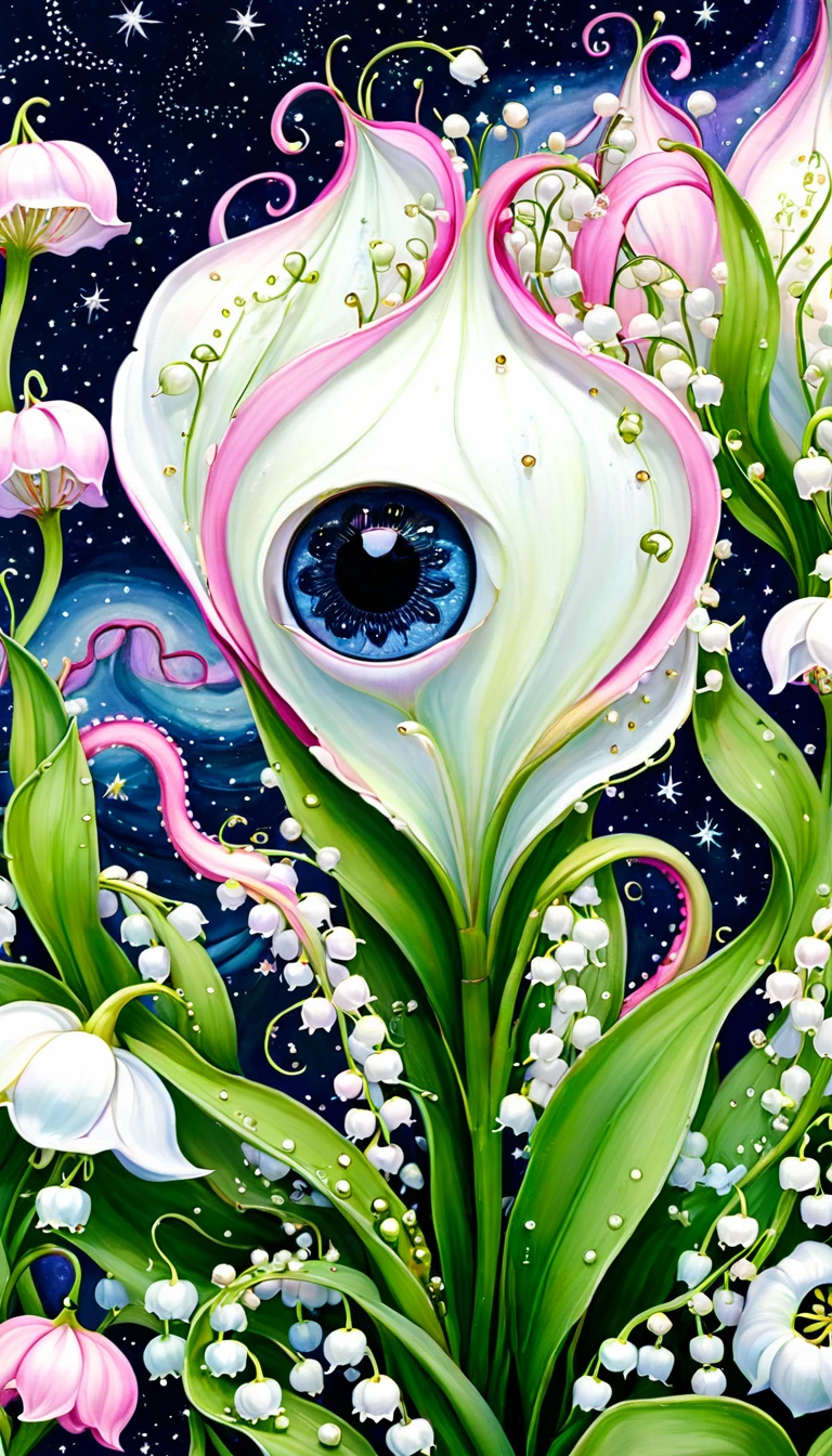 Lily of the Valley Cottage,plant,Tentacles,Eye、Starry Sky,Stitching together an abstract painting,Describing the inner world of autistic people,Sense of space,White Space,interesting,Innocence,Psychedelic Art,Pink theme