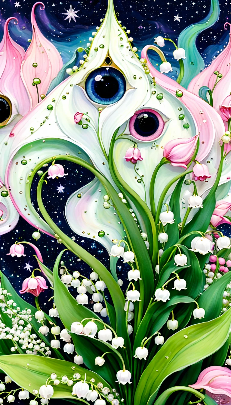 Lily of the Valley Cottage,plant,Tentacles,Eye、Starry Sky,Stitching together an abstract painting,Describing the inner world of autistic people,Sense of space,White Space,interesting,Innocence,Psychedelic Art,Pink theme